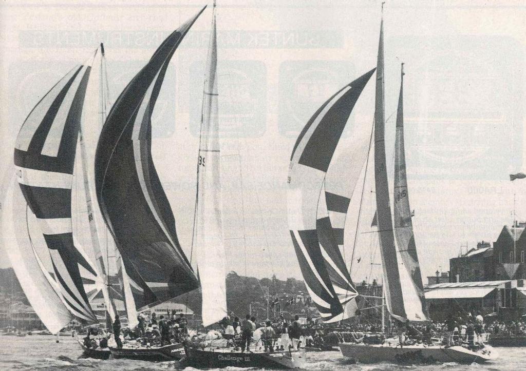 Snake Oil heads to the finish line off Cowes alongside Australia’s Challenge III and behind Amazing Grace (Canada) during the 1985 Admiral’s Cup © RB Sailing rbsailing.blogspot.ca